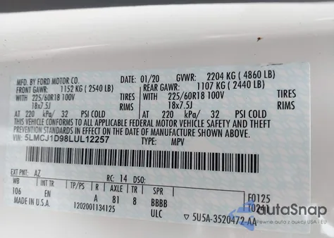 2020 Lincoln Corsair Standard from USA, damaged, VIN 5LMCJ1D98LUL12257